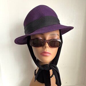 Vintage 50s USA Bollman Fedora Purple Plum Wool Felt Brim Ribbon Ties Hat